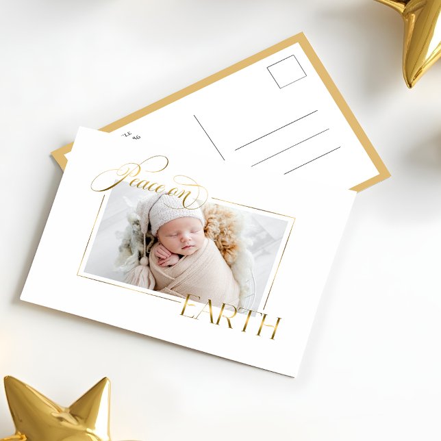 Elegant Gold Peace on Earth Photo Holiday Postcard (Creator Uploaded)