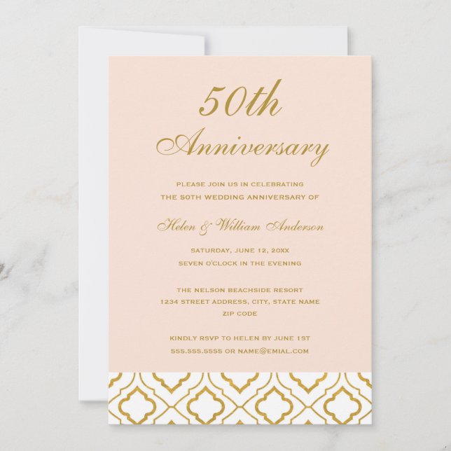 Elegant Gold & Peach 50th Wedding Anniversary Invitation (Front)