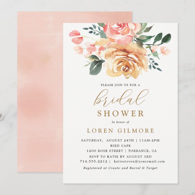 Elegant Gold Peach Floral Bridal Shower Invitation (Front/Back)