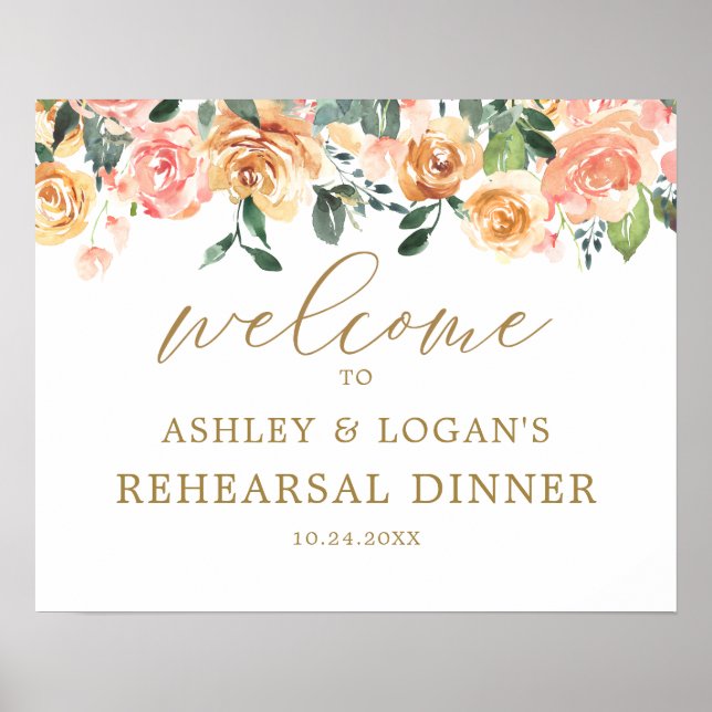 Elegant Gold Peach Floral Rehearsal Dinner Welcome Poster (Front)
