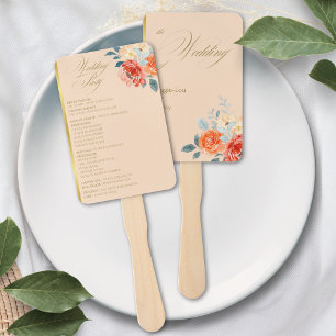 Elegant Gold Peach Floral Script Wedding Program Hand Fan