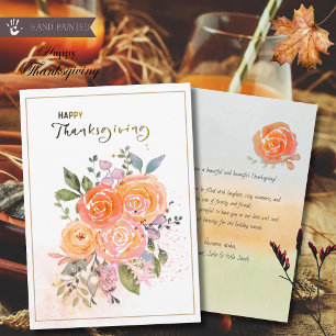 Elegant Gold Peach Floral Watercolor Thanksgiving Holiday Card