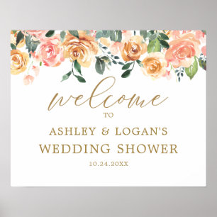 Elegant Gold Peach Floral Wedding Shower Welcome Poster