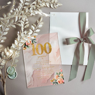 Elegant Gold Peach Pink Floral 100th Birthday  Acrylic Invitations