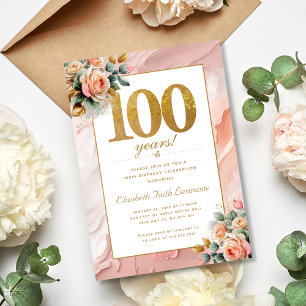 Elegant Gold Peach Pink Floral 100th Birthday  Invitation