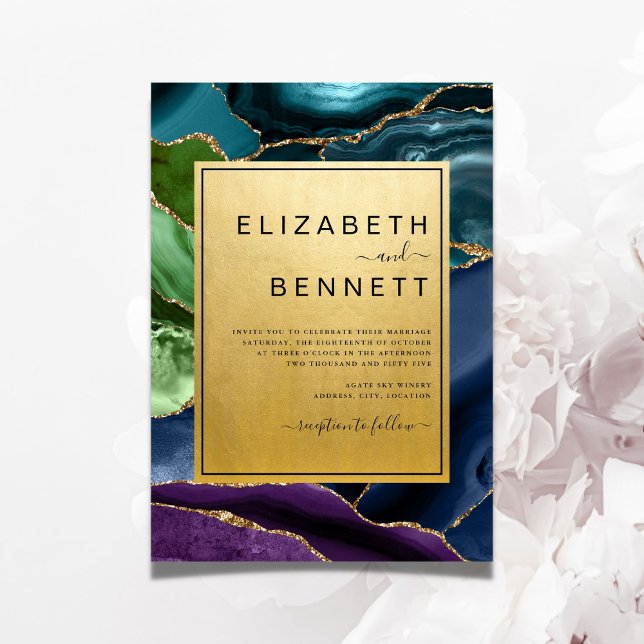 Elegant Gold Peacock Agate Wedding Invitation (Creator Uploaded)