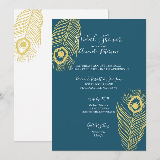 Elegant Gold Peacock Bridal Shower Invitations (Front/Back)