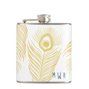 Elegant Gold Peacock Feathers Monogram Flask