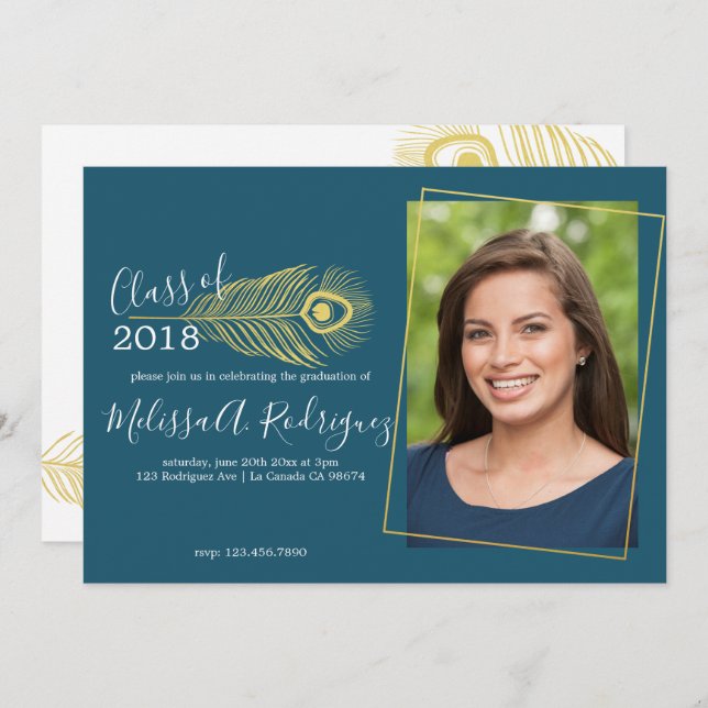 Elegant Gold Peacock Graduation Announcement (Front/Back)