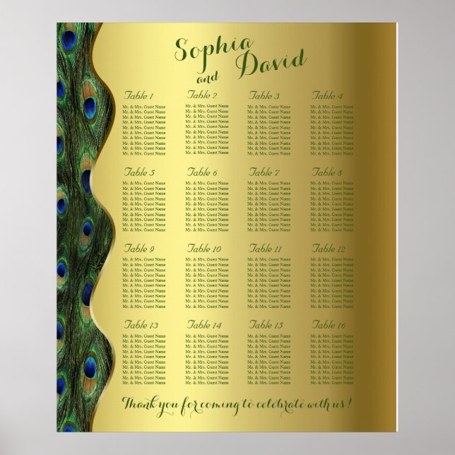 Elegant Gold Peacock Wedding Seating Chart (Front)