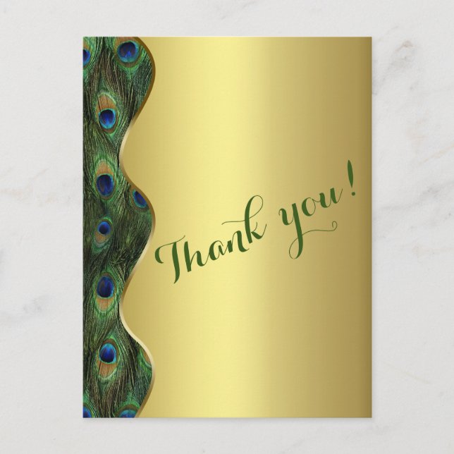 Elegant Gold Peacock Wedding Thank You Postcard (Front)