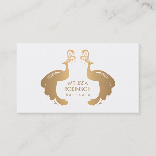 Elegant Gold Peacocks Logo for Hair Stylist Business Card (Front)