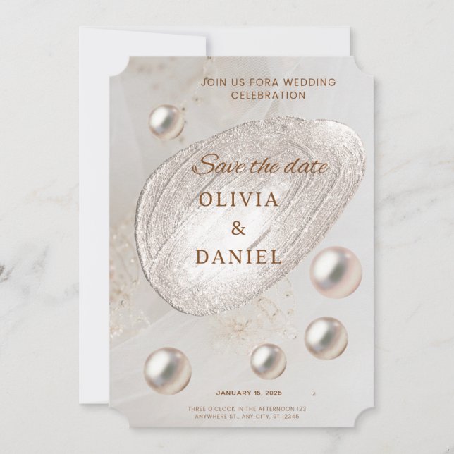Elegant Gold & Pearl Save The Date Card (Front)