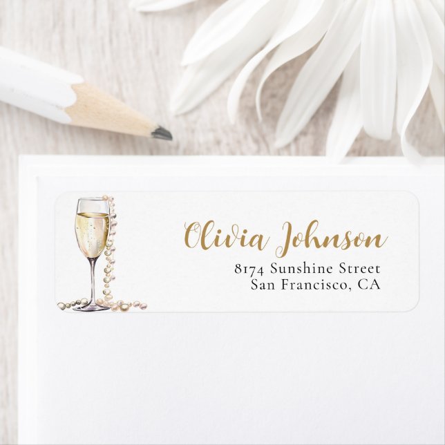 Elegant Gold Pearls and Prosecco Address Labels (Insitu)
