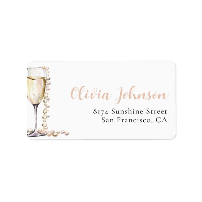 Elegant Gold Pearls and Prosecco Address Labels (Front)
