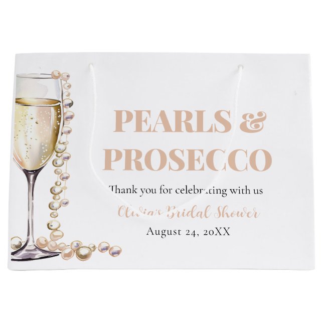 Elegant Gold Pearls and Prosecco Bridal Shower Large Gift Bag (Front)
