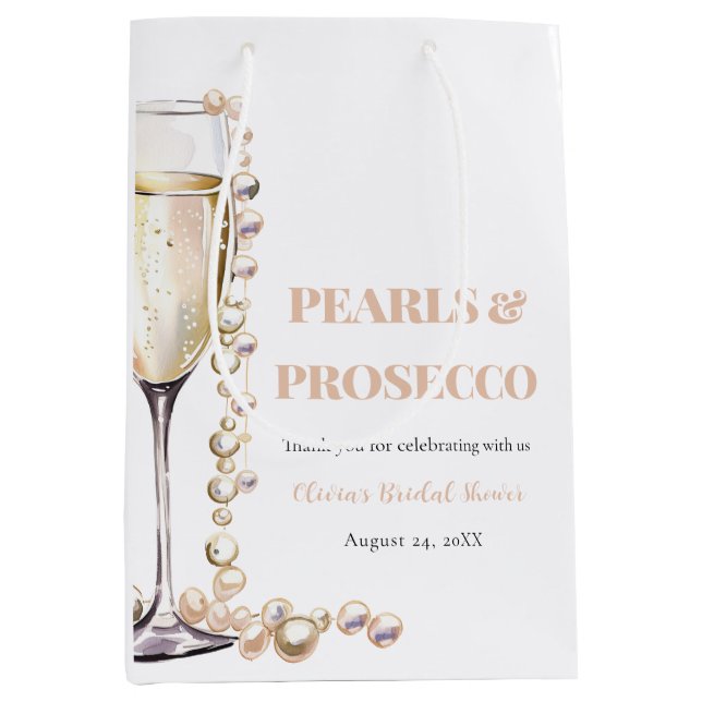 Elegant Gold Pearls and Prosecco Bridal Shower Medium Gift Bag (Front)
