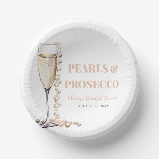 Elegant Gold Pearls and Prosecco Bridal Shower Paper Plate (Front)