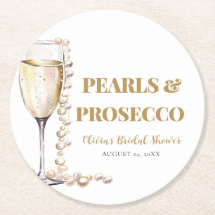 Elegant Gold Pearls and Prosecco Bridal Shower Round Paper Coaster