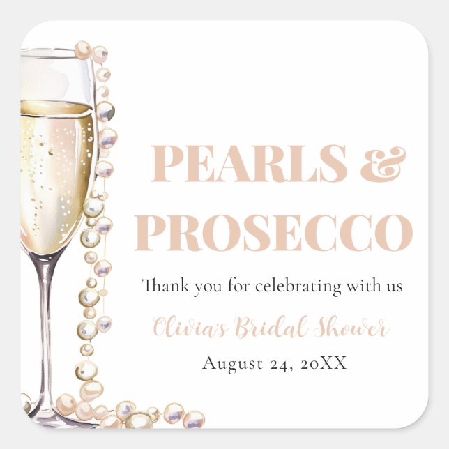 Elegant Gold Pearls and Prosecco Bridal Shower Square Sticker (Front)
