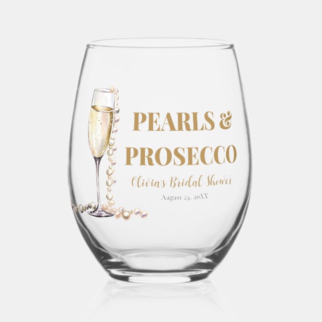 Elegant Gold Pearls and Prosecco Bridal Shower Stemless Wine Glass (Front)