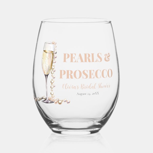 Elegant Gold Pearls and Prosecco Bridal Shower Stemless Wine Glass (Front)