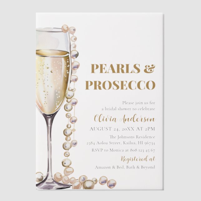 Elegant Gold Pearls and Prosecco Bridal Shower Vellum Invitations (Front)