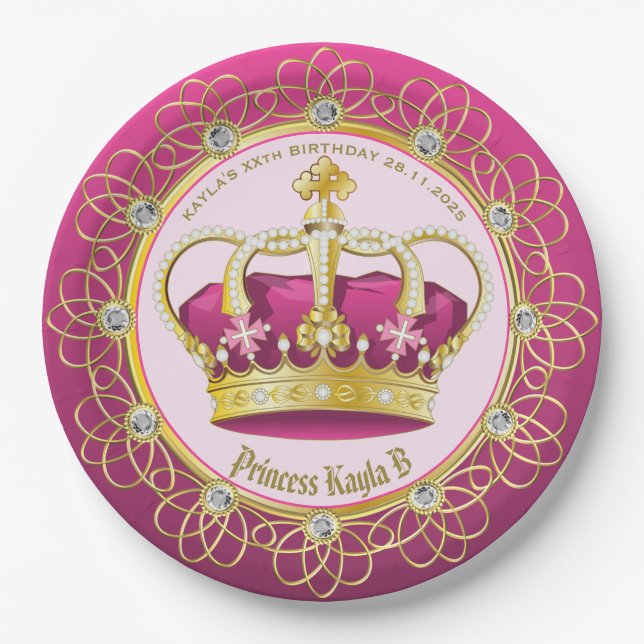 Elegant Gold Pearls Make Your Own Pink Crown Girly Paper Plate (Front)