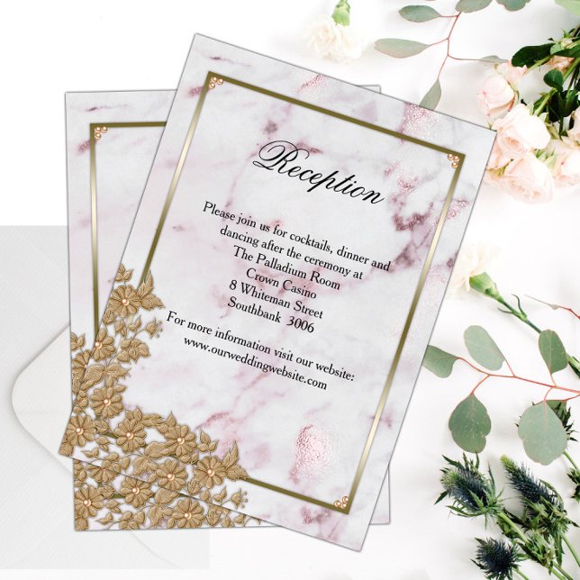 Elegant Gold Pearls Pink Marble Wedding Reception Enclosure Card (Creator Uploaded)