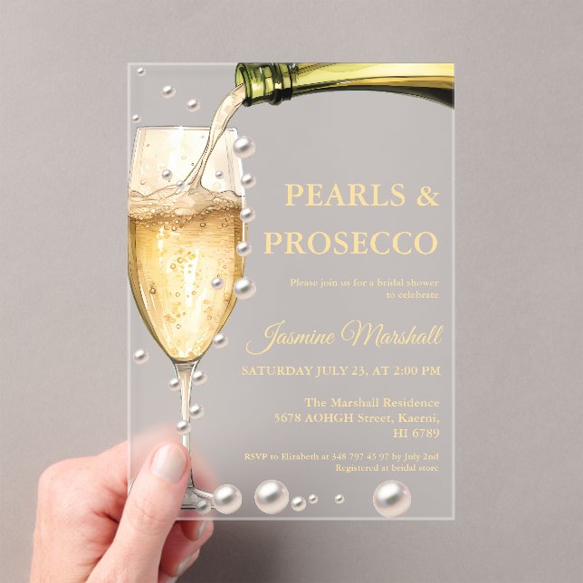 Elegant  Gold Pearls & Prosecco Bridal Shower Acrylic Invitations (Insitu (Handheld))