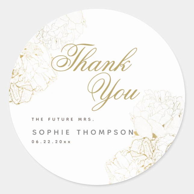 Elegant Gold Peonies Floral Sketch Bridal Shower Classic Round Sticker (Front)