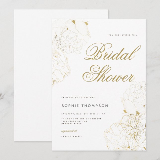 Elegant Gold Peonies Floral Sketch Bridal Shower Invitation (Front/Back)