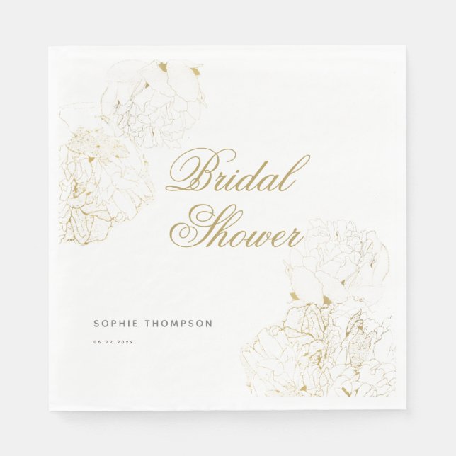 Elegant Gold Peonies Floral Sketch Bridal Shower Napkin (Front)