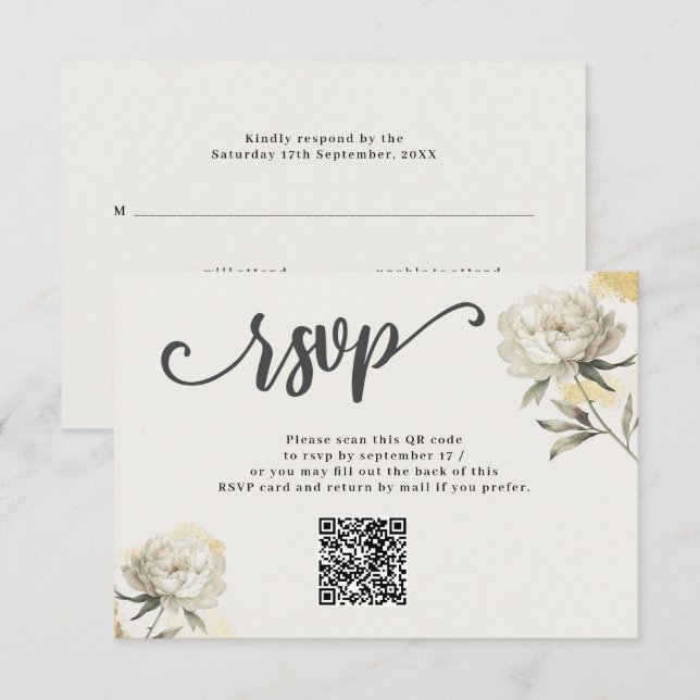 Elegant Gold Peony QR Code Wedding RSVP Card (Front/Back)