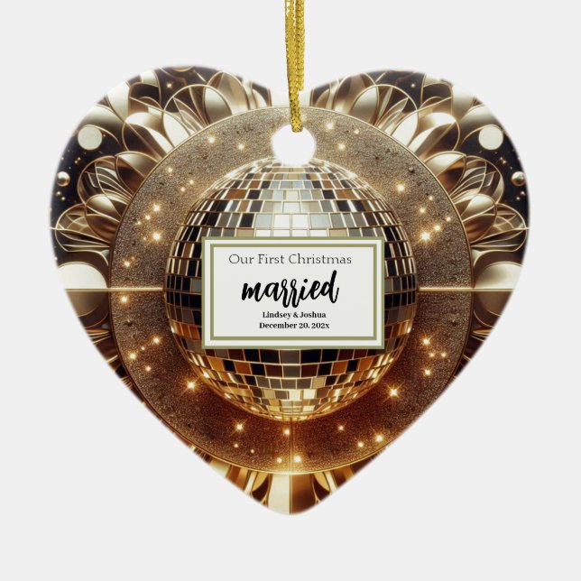 Elegant Gold Personalised First Christmas Newlywed Ceramic Tree Decoration (Front)