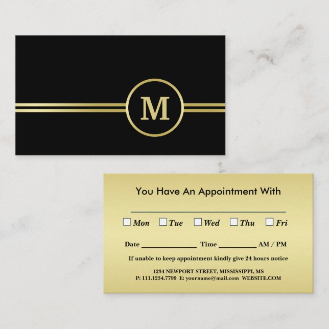 Elegant gold Personalised  Monogram on black  Appointment Card (Front/Back)