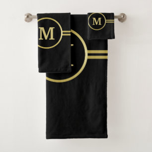 Elegant gold Personalised Monogram on black Bath Towel Set