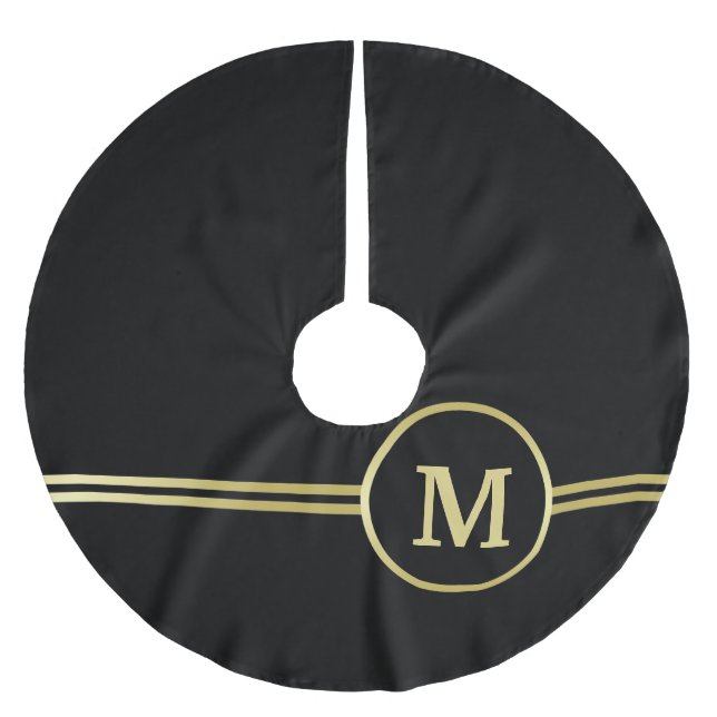 Elegant gold Personalised  Monogram on black  Brushed Polyester Tree Skirt (Front)