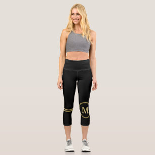 Elegant gold Personalised  Monogram on black  Capri Leggings