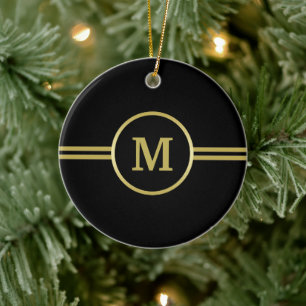 Elegant gold Personalised Monogram on black Ceramic Tree Decoration