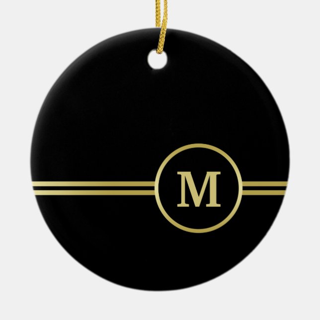 Elegant gold Personalised  Monogram on black  Ceramic Tree Decoration (Front)