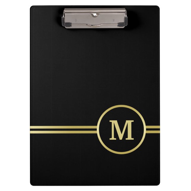 Elegant gold Personalised  Monogram on black  Clipboard (Front)