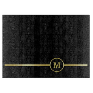 Elegant gold Personalised  Monogram on black  Cutting Board