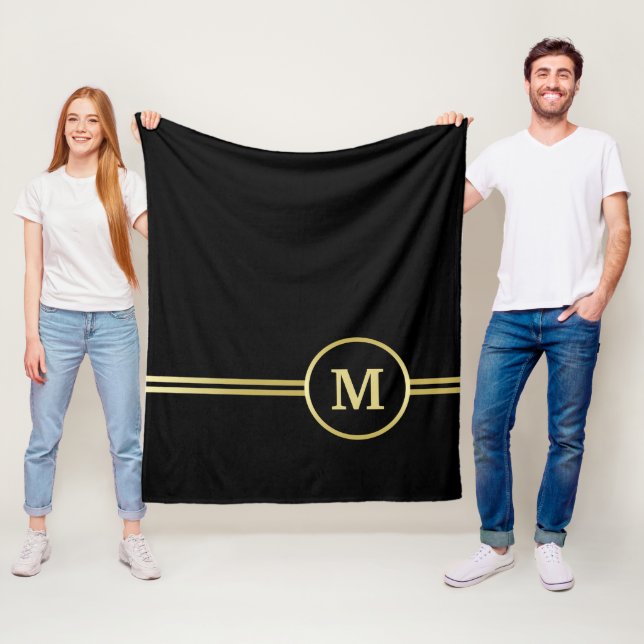 Elegant gold Personalised  Monogram on black  Fleece Blanket (In Situ)