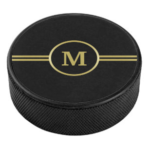 Elegant gold Personalised  Monogram on black  Hockey Puck