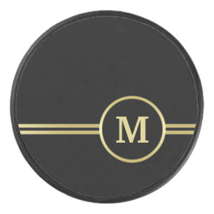 Elegant gold Personalised Monogram on black Hockey Puck