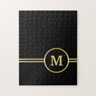 Elegant gold Personalised Monogram on black Jigsaw Puzzle