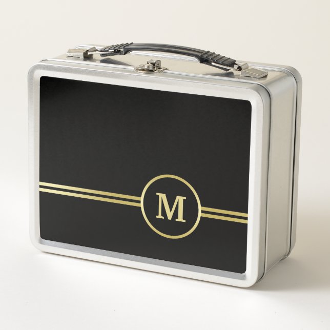 Elegant gold Personalised  Monogram on black  Metal Lunch Box (Front)