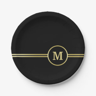 Elegant gold Personalised  Monogram on black  Paper Plate