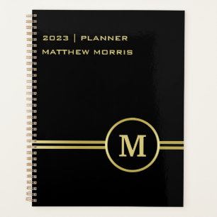 Elegant gold Personalised  Monogram on black  Planner